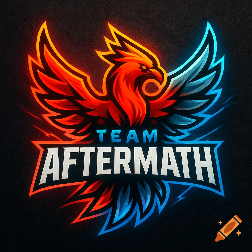 A vibrant esports logo featuring a stylized phoenix with fiery orange and cool blue wings, above the text "TEAM AFTERMATH" on a black background.