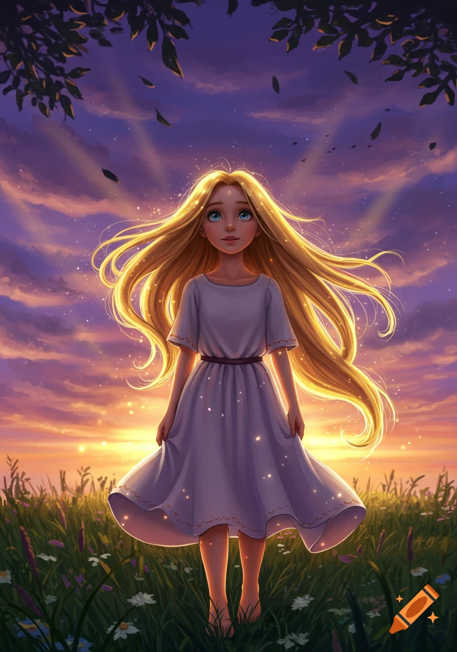 A young blonde girl with glowing hair stands in a wildflower field at a purple and orange sunset.