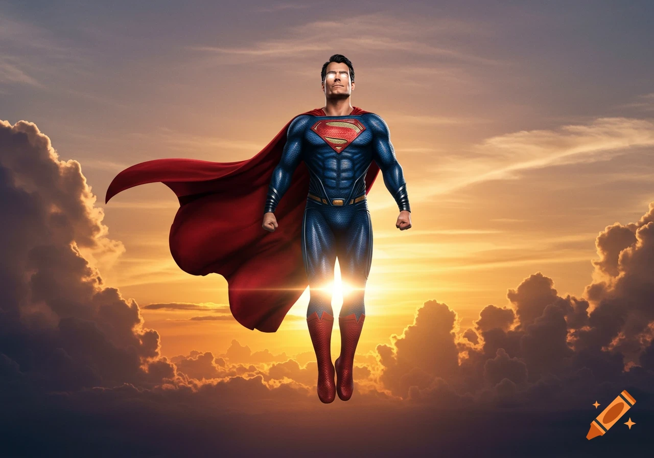 A photorealistic image of Superman flying against a vibrant orange and purple sunset sky with clouds.