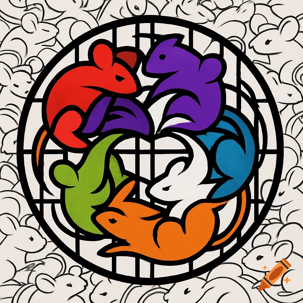 A circular logo featuring six stylized, interlocking mice in red, purple, green, orange, white, and blue, surrounded by black outlines, set against a background of many black and white outline mice.