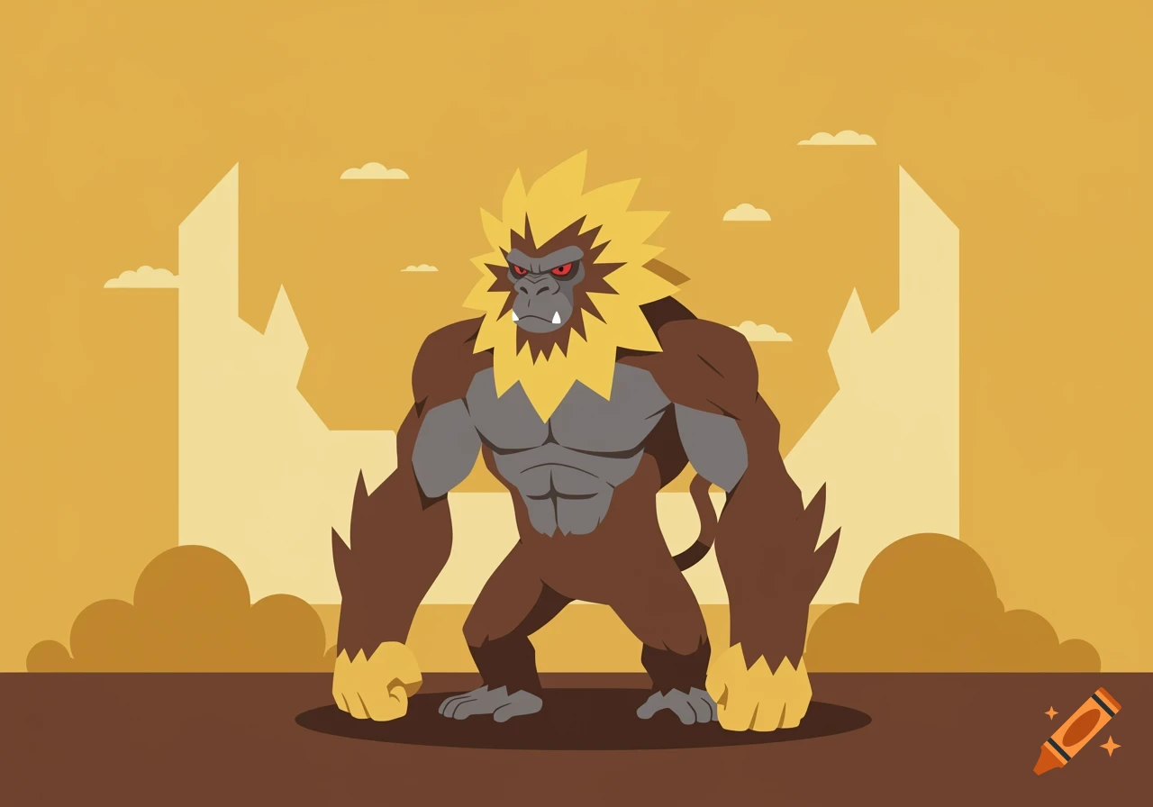 A powerful, cartoonish ape-lion creature with yellow spiky fur, brown body, and red eyes stands against a stylized yellow and brown landscape.