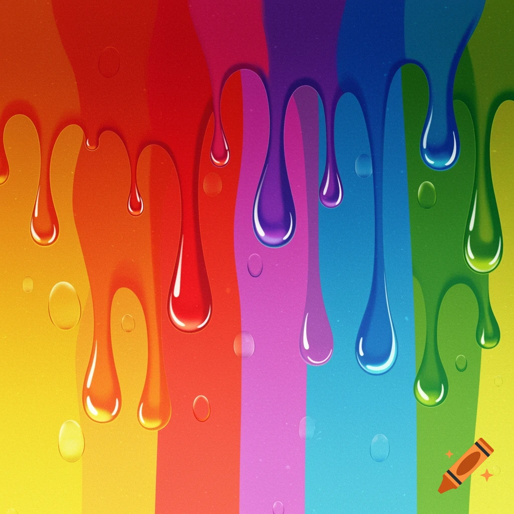A vibrant abstract pattern of glossy, colorful drips in rainbow hues, resembling a lava lamp, over a striped gradient background.