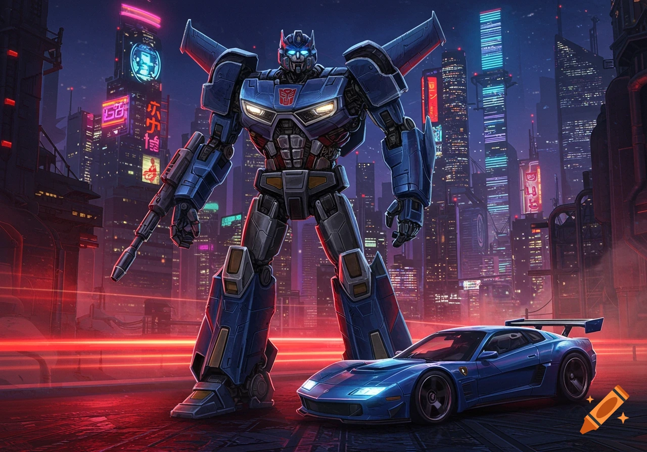 A blue Transformer robot stands next to a matching sports car on a neon-lit futuristic city street at night.
