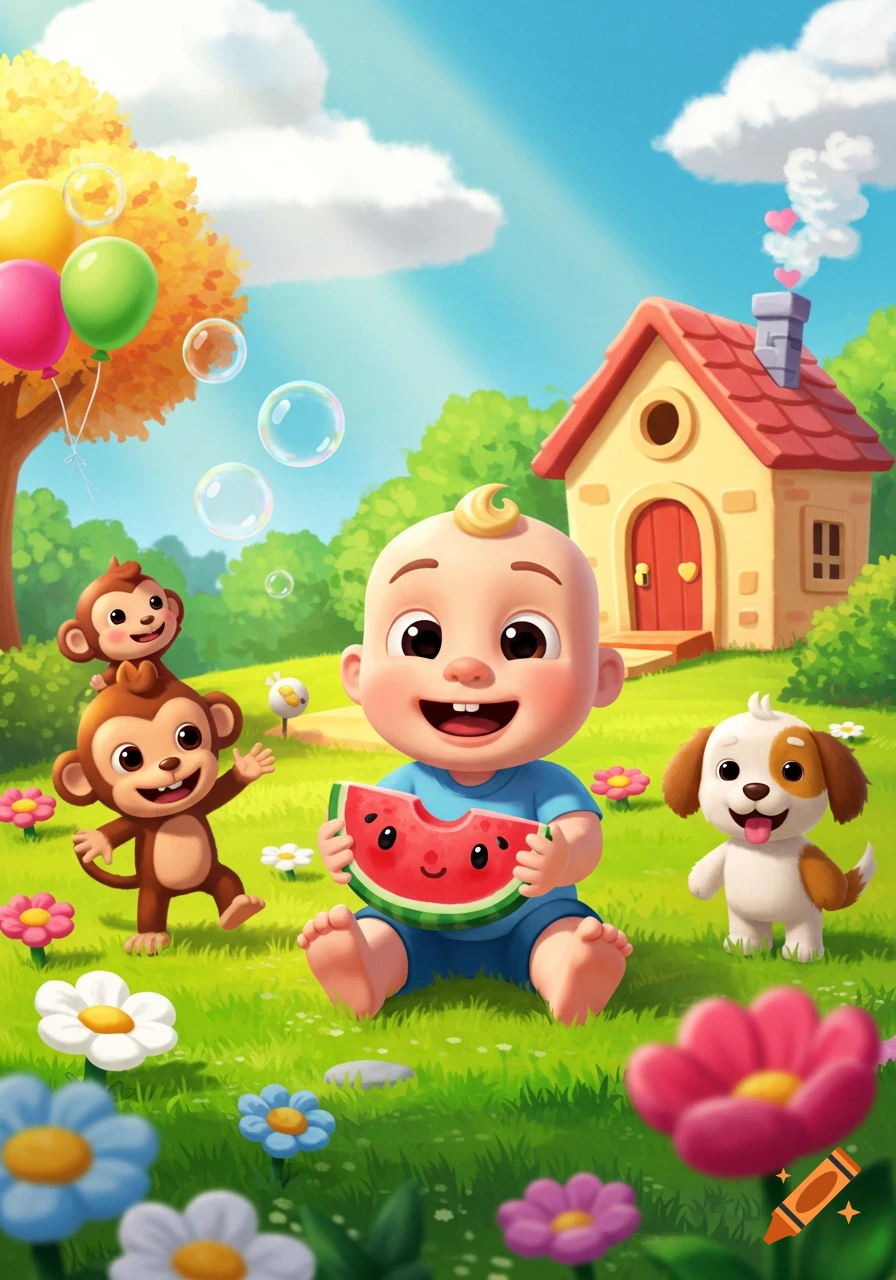 A joyful cartoon baby sits in a sunny garden with two monkeys, a dog, a house, and colorful flowers under a bright sky.