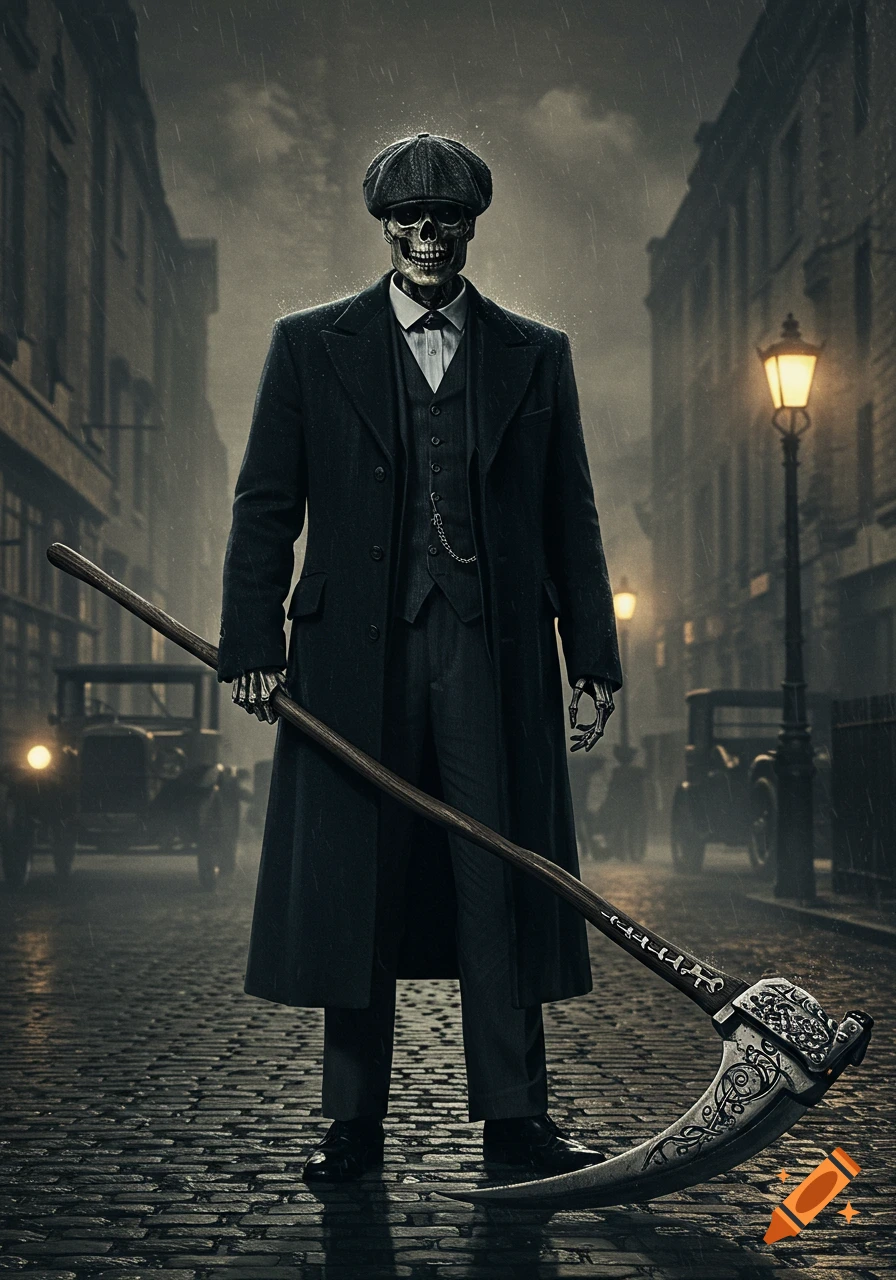 A skeletal figure in a dark trench coat and flat cap stands on a wet cobblestone street in the rain, holding a large scythe. Old cars and a glowing lamppost are in the background.