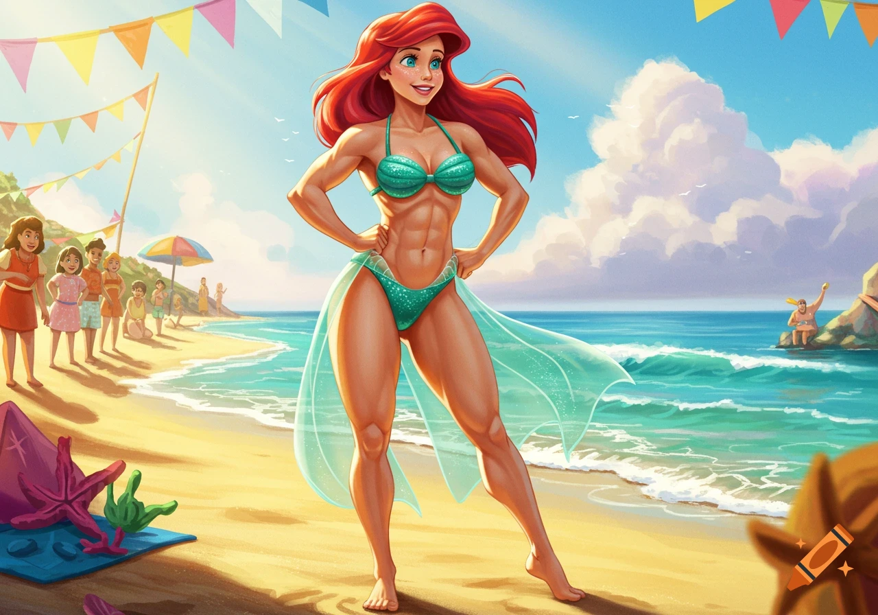 Muscular Ariel in a teal bikini poses on a sunny beach with colorful flags and other beachgoers in the background, in a cartoon style.