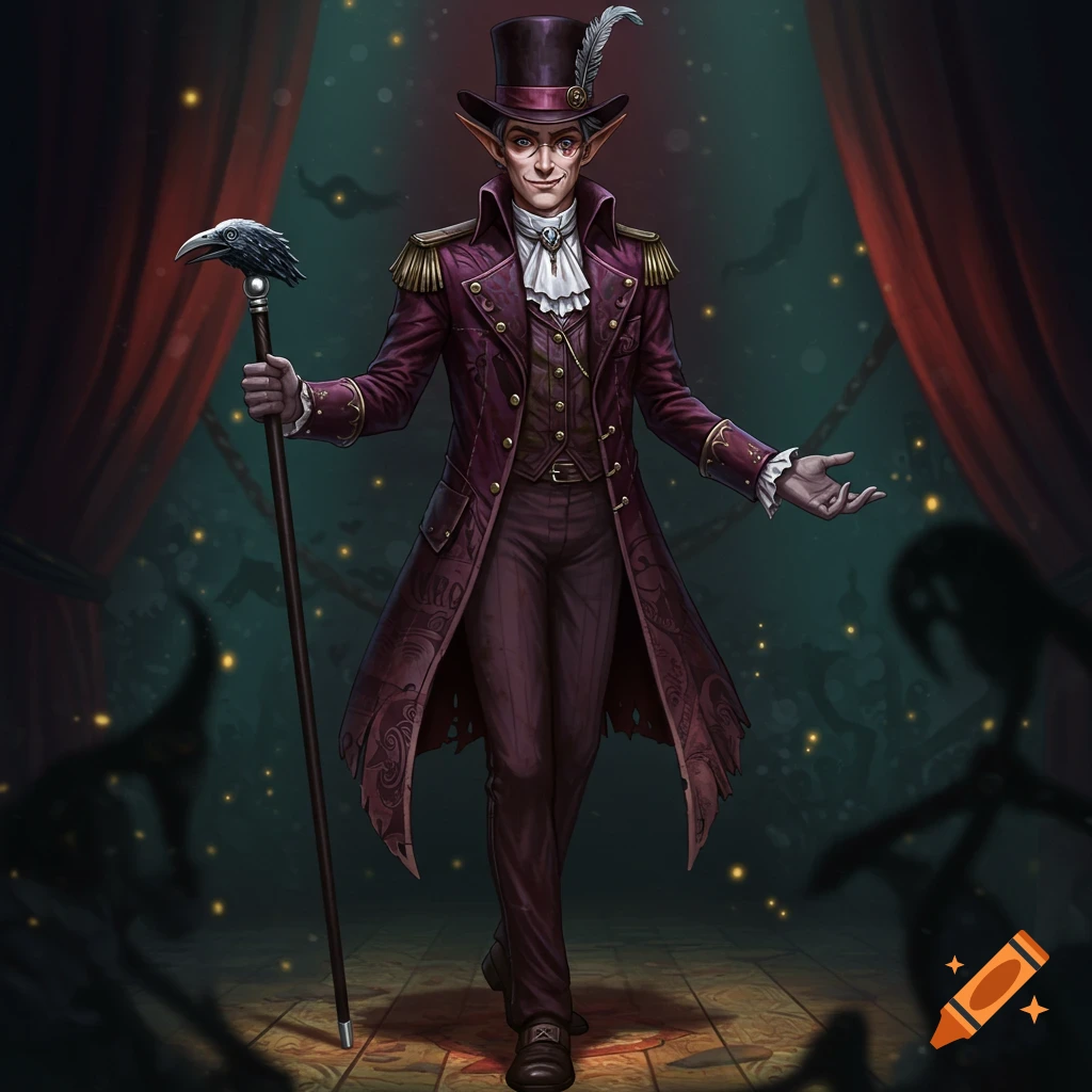 A half-elf ringmaster in a purple coat and top hat holds a raven-headed cane on a dark, theatrical stage.