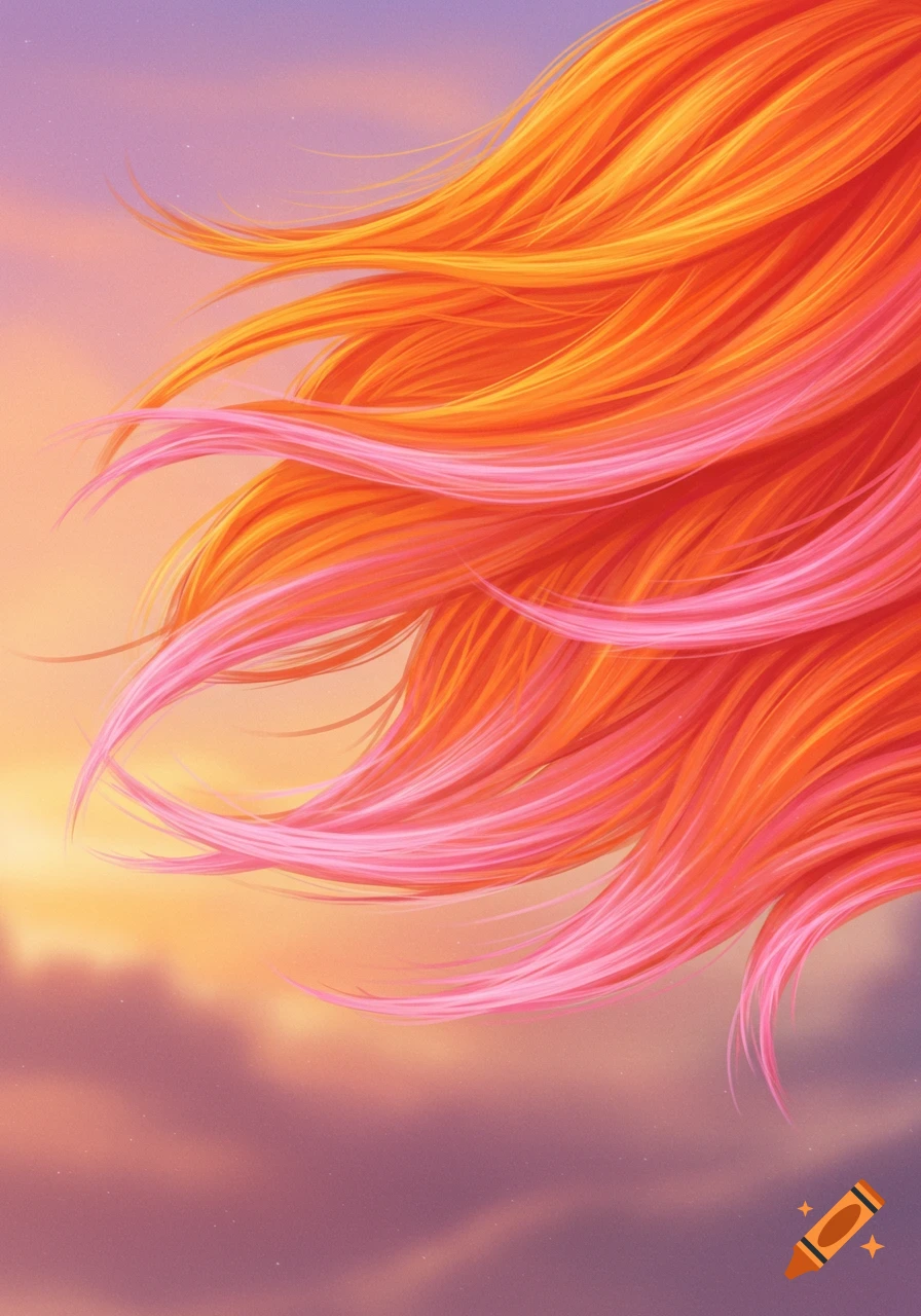 Vibrant orange and pink flowing strands against a soft gradient sky.