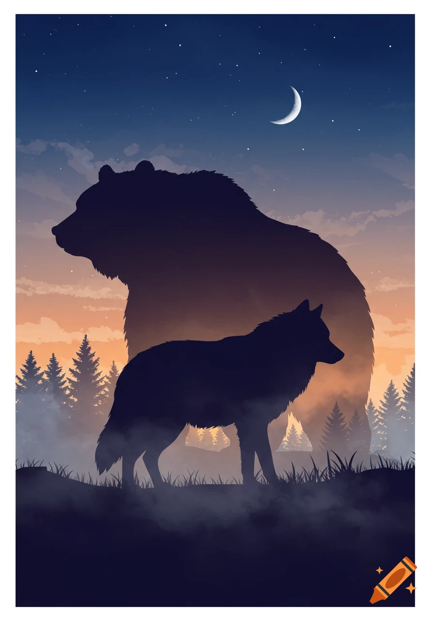 Bear silhouette behind wolf silhouette in a forest at night with a crescent moon and stars, illustration style.