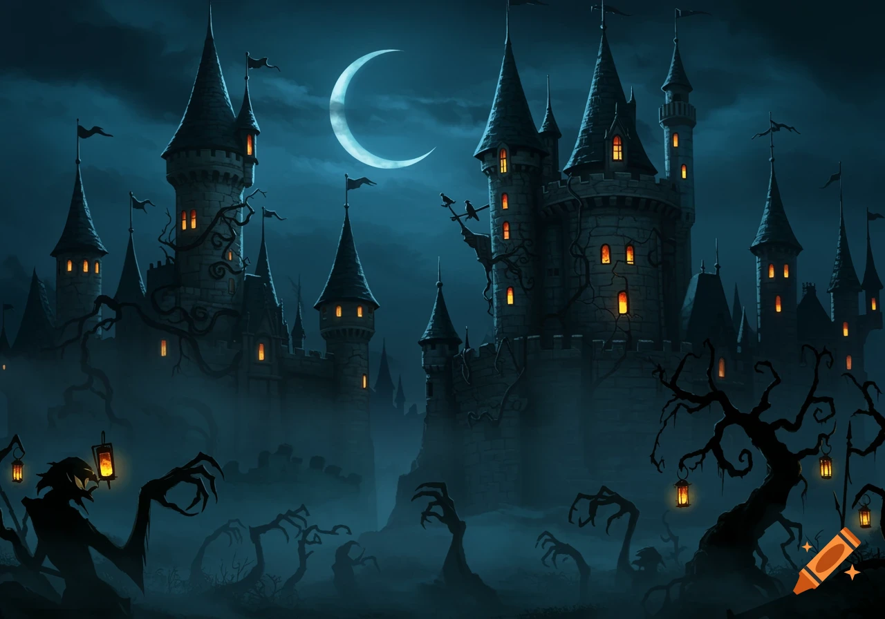 A dark, spooky castle with multiple towers under a crescent moon, surrounded by gnarled trees and fog, with glowing windows.