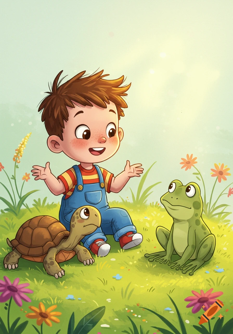 Cartoon illustration of a boy in overalls talking to a turtle and a frog in a grassy field.