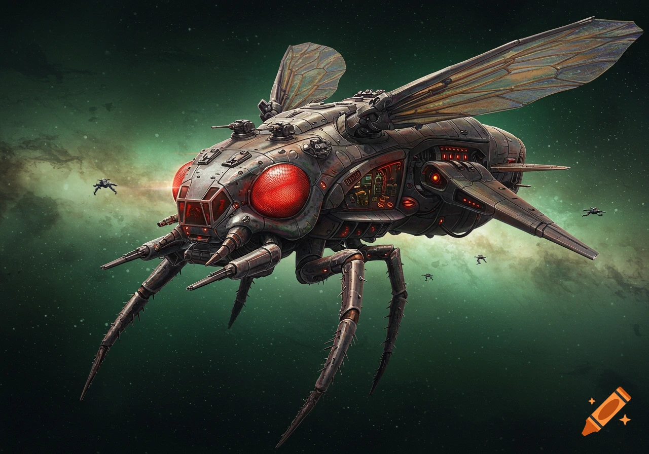 A large, detailed insect-like spacecraft with glowing red sensors and multiple legs flies through a green nebula in space.