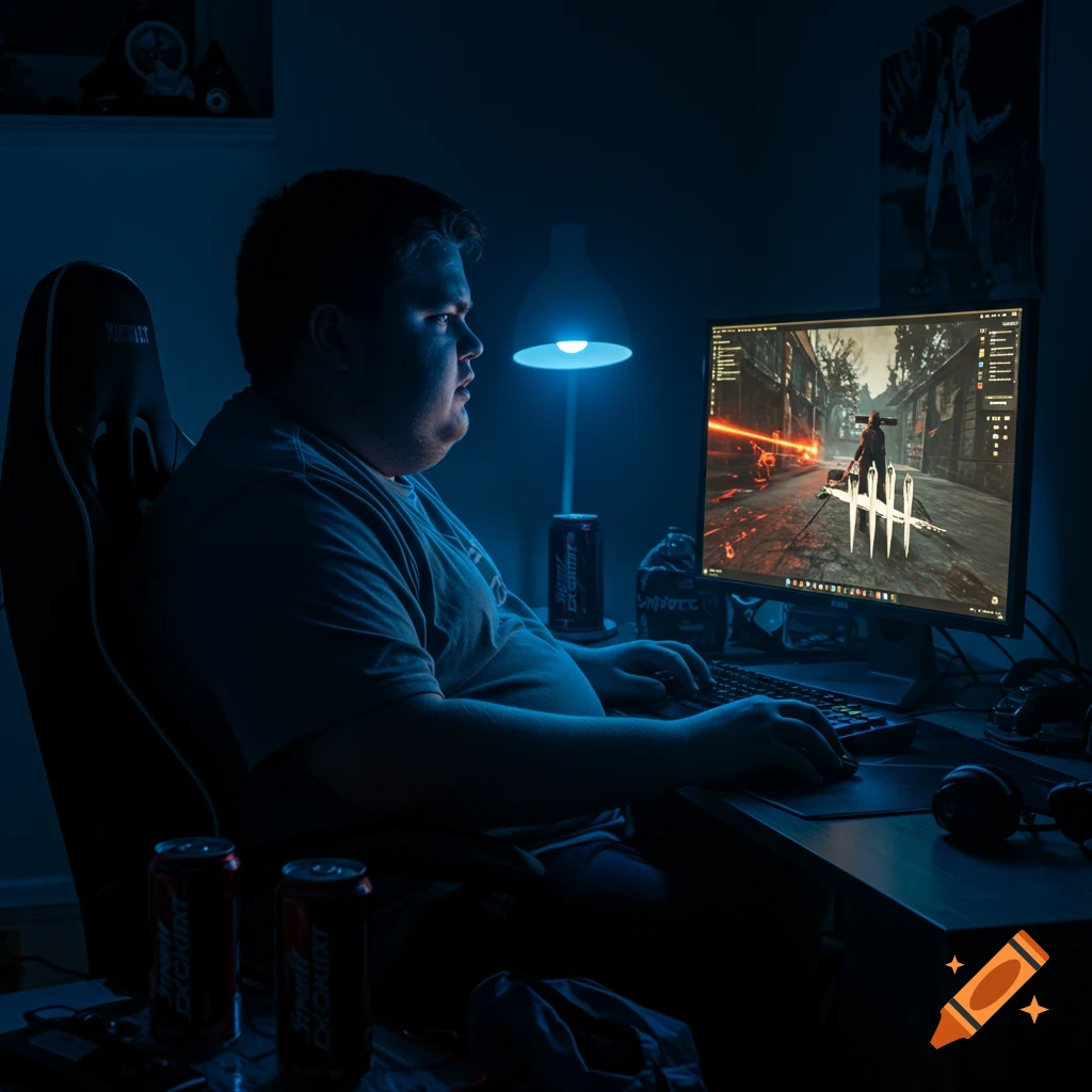 A person, seen from the side, sitting in a gaming chair in a dark room illuminated by a blue lamp, playing a video game on a monitor.