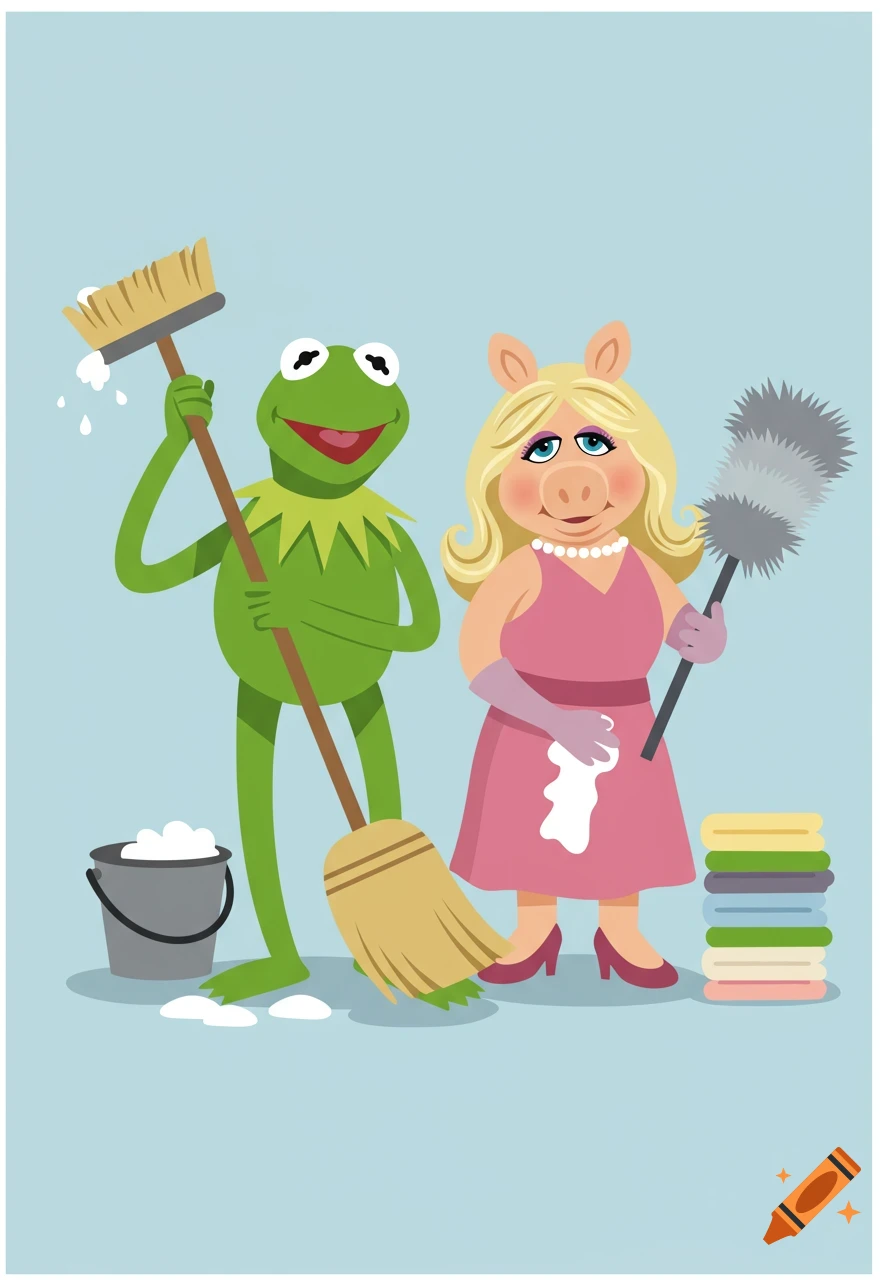 Cartoon of Kermit the Frog holding a broom and Miss Piggy holding a duster, doing chores.