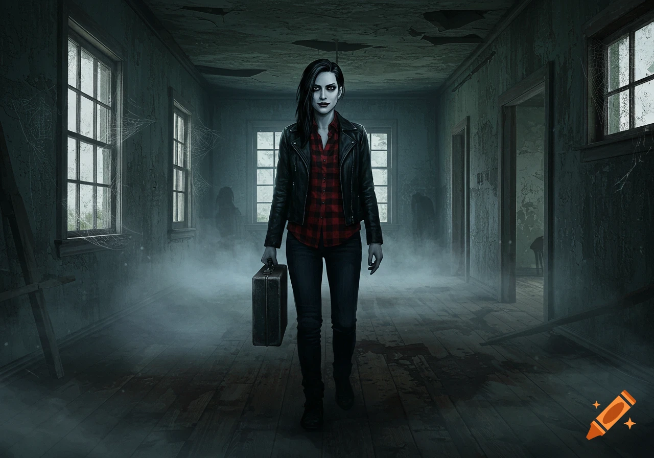 A pale-skinned woman in a black jacket and red flannel shirt holds a briefcase in a dark, misty, abandoned hallway with bloodstains and cobwebs. Photorealistic style.