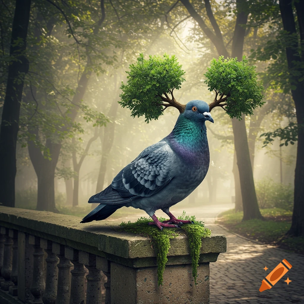 A grey pigeon with green trees for ears stands on a stone railing covered in moss in a misty park.