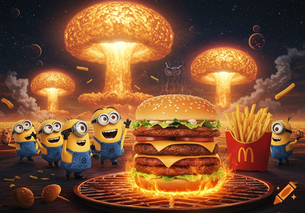 Minions gathered around a giant burger on a grill, with nuclear mushroom clouds and planets in the sky.