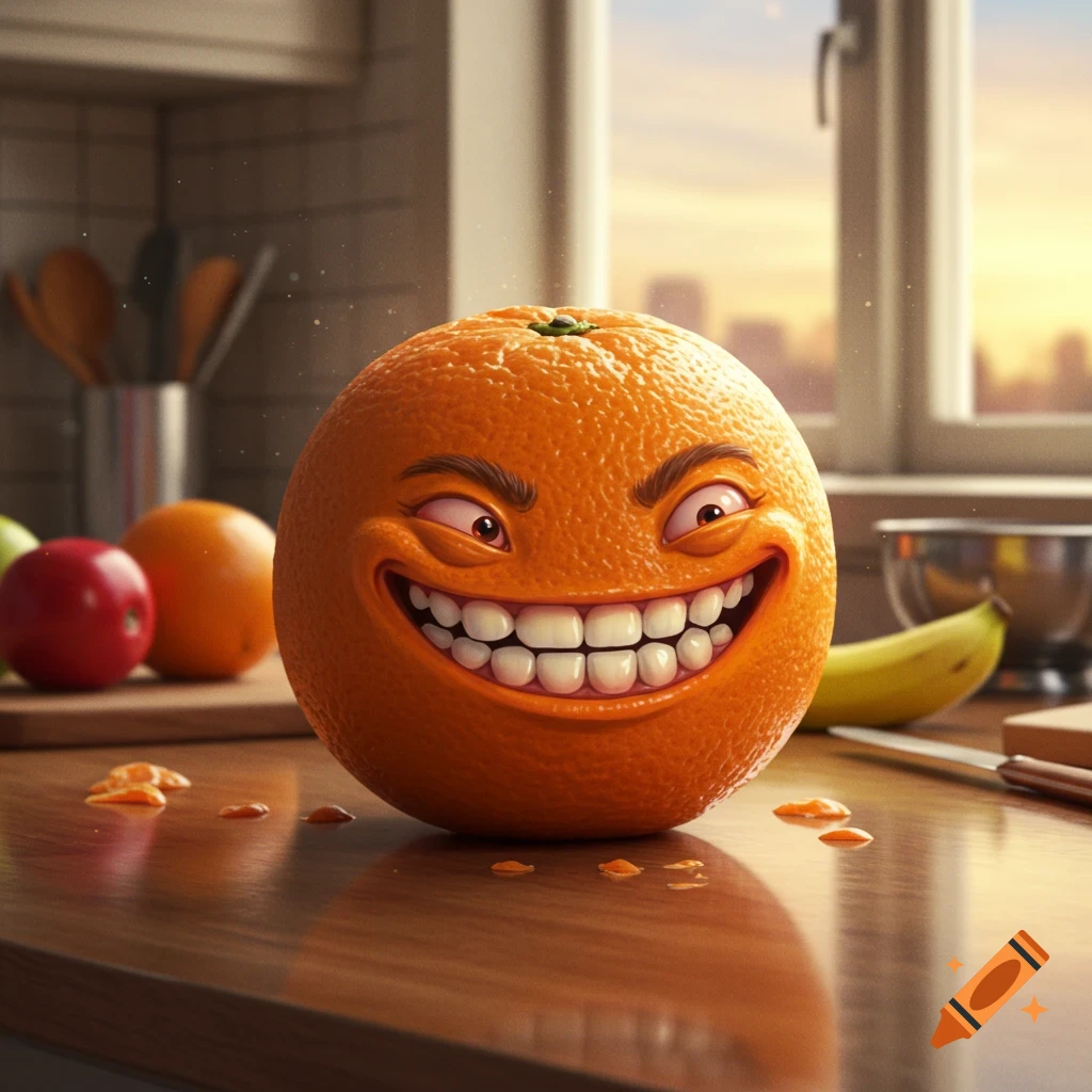 An anthropomorphic orange with a wide, mischievous grin and red eyes sits on a kitchen counter at sunset, surrounded by other fruits and kitchenware.