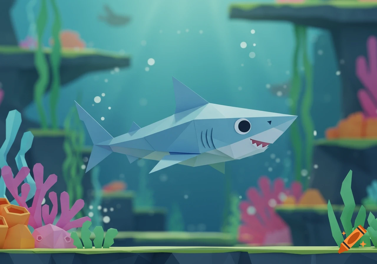 Low-poly, origami-style blue shark swimming in a vibrant underwater scene with coral and seaweed.