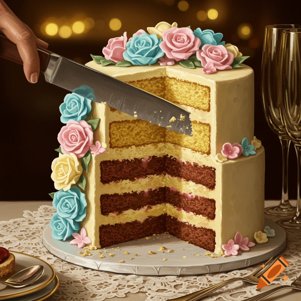 A hand uses a knife to cut a slice from a two-tier cake decorated with colorful icing flowers. The cake reveals layers of yellow and brown cake with cream filling. Champagne flutes are visible in the background.