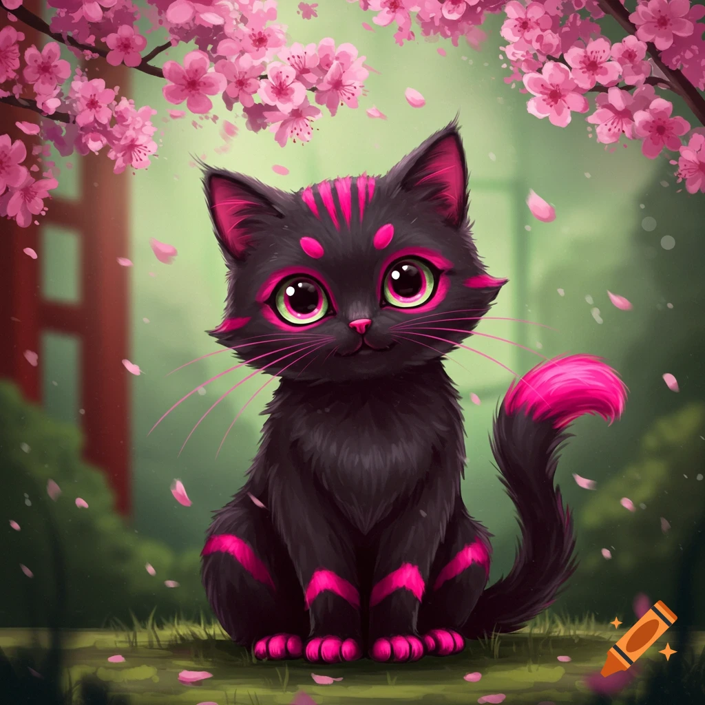 A cute, stylized black and hot pink cat with large eyes sits under falling pink cherry blossoms in a Japanese-style garden.