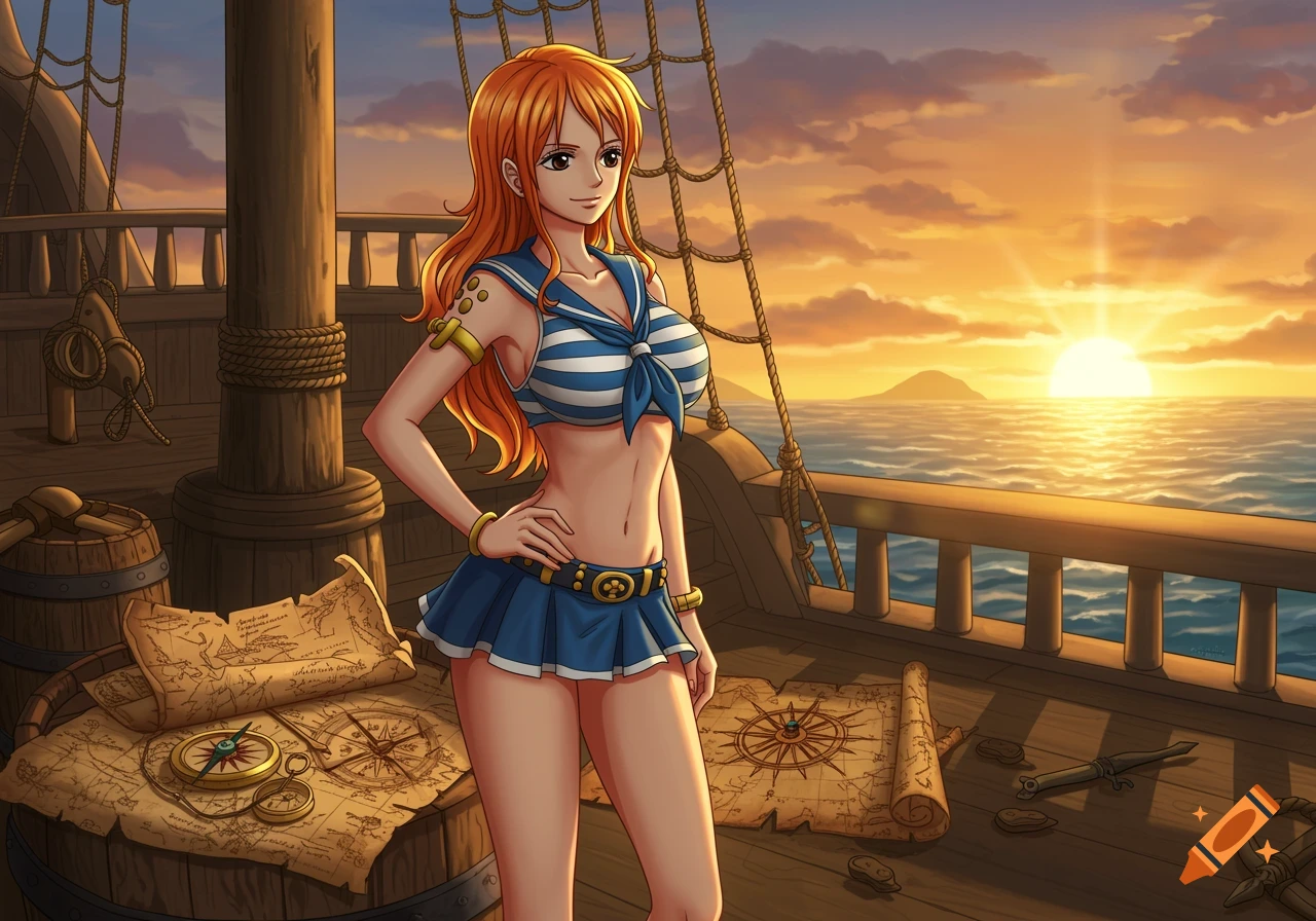 Anime illustration of Nami from One Piece on a ship deck at sunset, wearing a blue and white striped sailor bikini and skirt.
