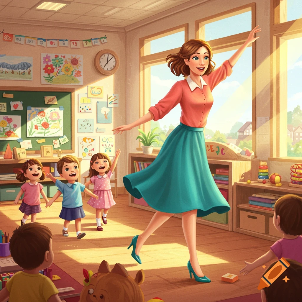 A kindergarten teacher in a skirt and high heels strikes a playful pose in a sunny classroom, with several young children walking towards her.