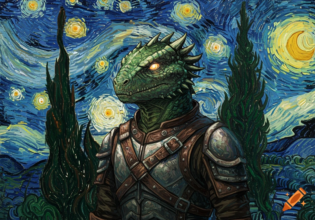 A green Argonian character in armor against a swirling blue and yellow night sky in the style of Van Gogh's Starry Night.