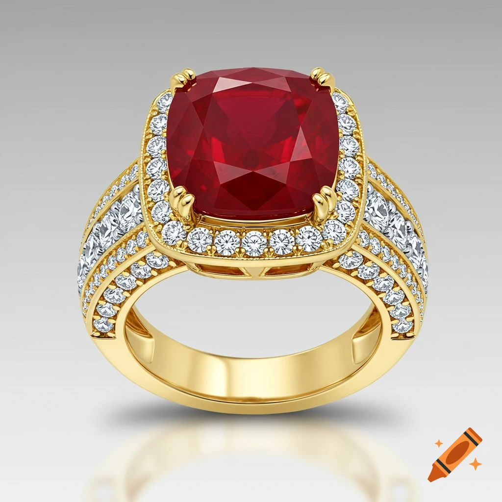 Luxurious 18K yellow gold ring with a cushion-cut ruby, diamond halo, and pavé set diamond band on a plain background.