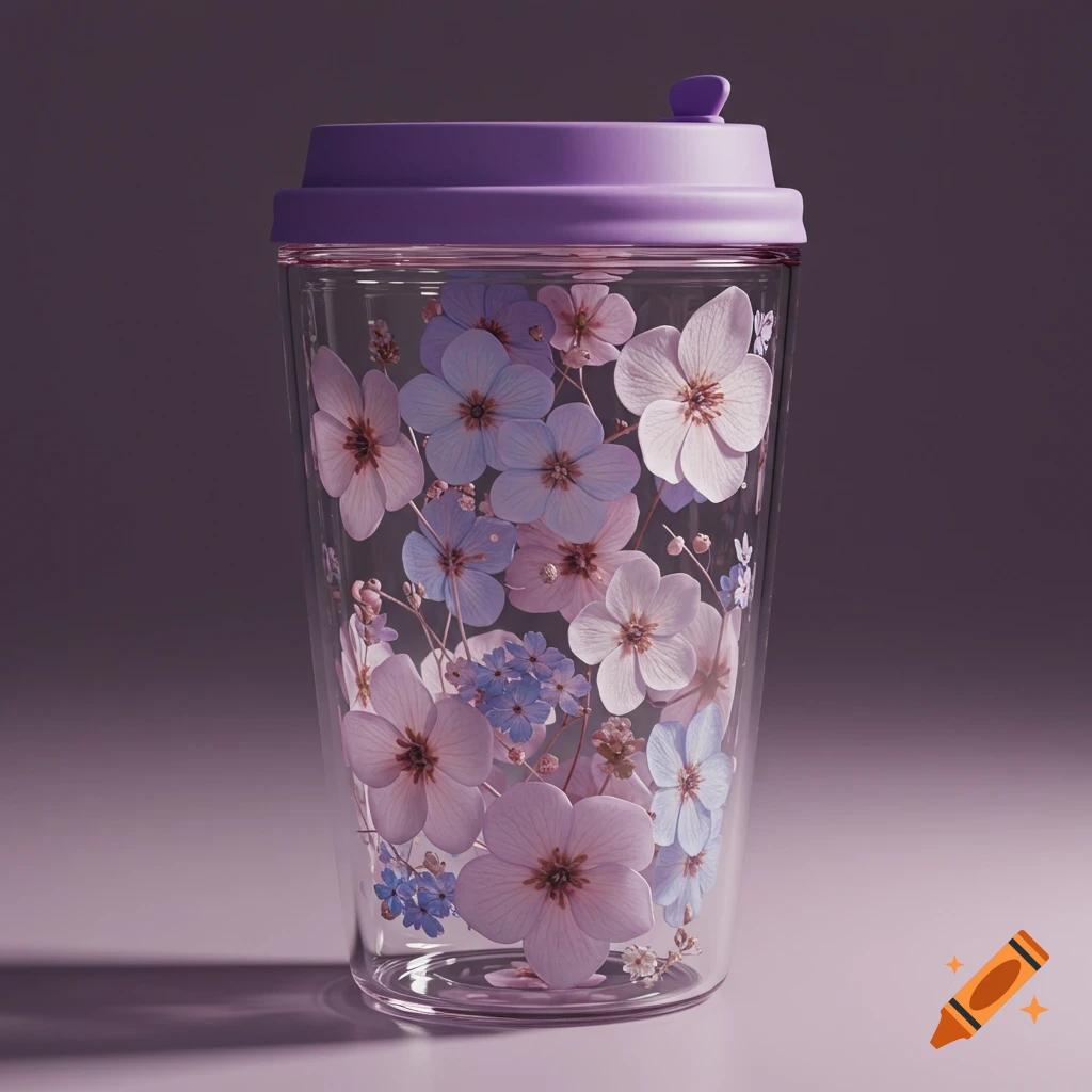 A photorealistic transparent cup filled with pale purple, pink, and blue flowers, topped with a royal purple lid.