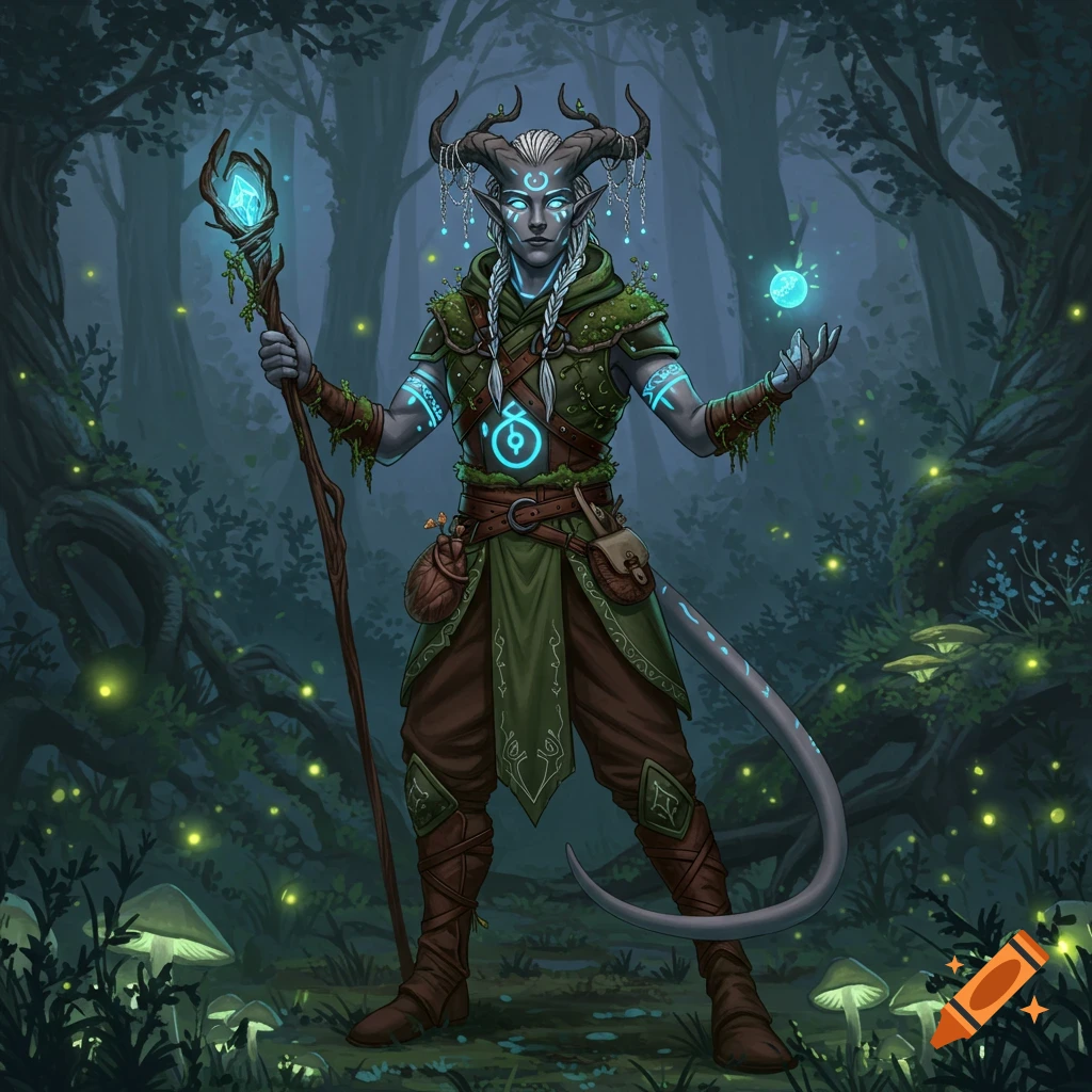 A gray-skinned tiefling druid with horns, glowing blue symbols, and white braids stands in a mystical forest, holding a glowing staff and conjuring light.
