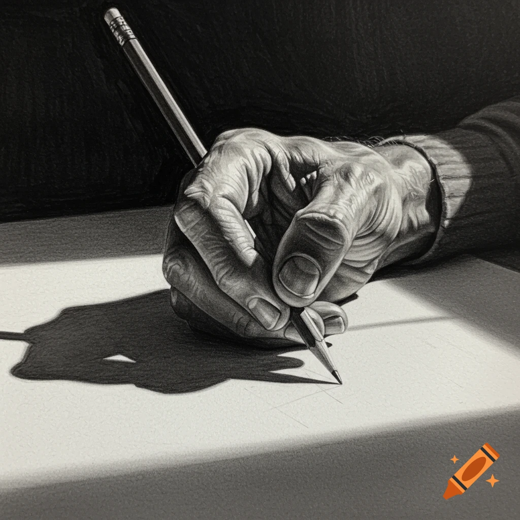 Close-up of an aged hand holding a pencil, sketching on paper, rendered in a realistic, detailed drawing style with dramatic lighting.