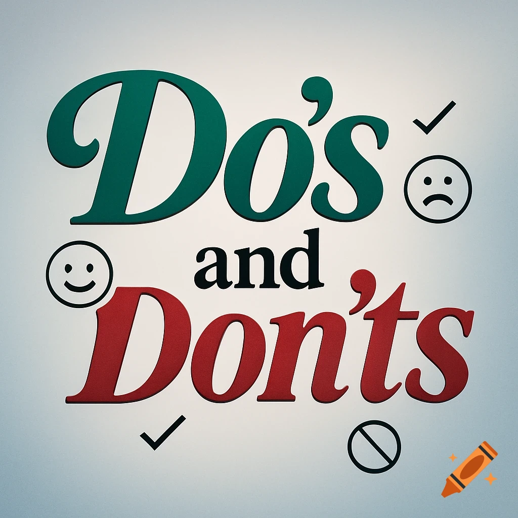 A graphic design with 'Do's' in green and 'Don'ts' in red, accompanied by checkmarks, a happy face, a sad face, and a forbidden symbol.