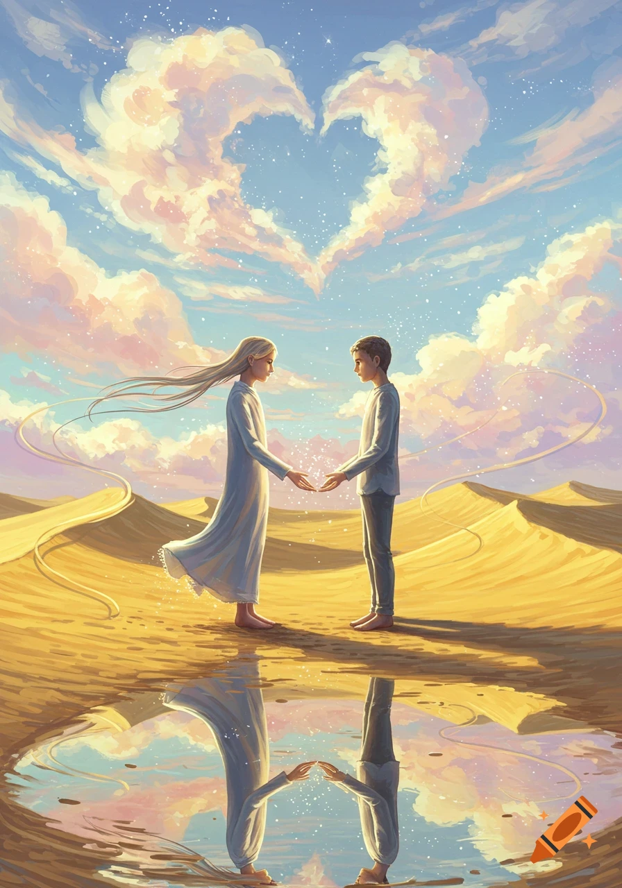 A surreal painting of a man and a woman standing in a desert, with outstretched hands over a reflective puddle, under a heart-shaped cloud.