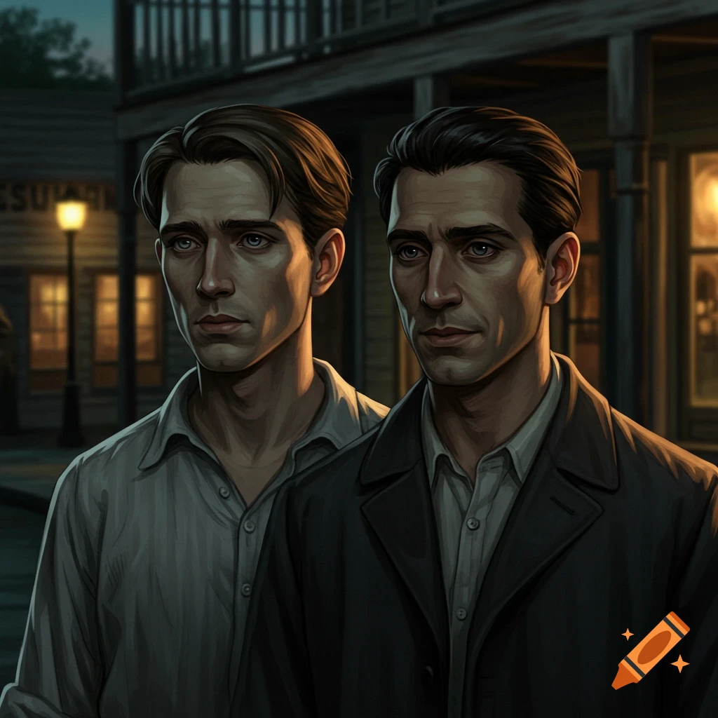 Two men with dark hair stand on an old street at dusk, with buildings and streetlights in the background in a painterly style.