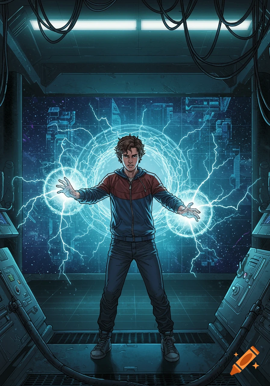 A young man in Marvel comic style stands in a futuristic room, his hands glowing with blue electrical energy.