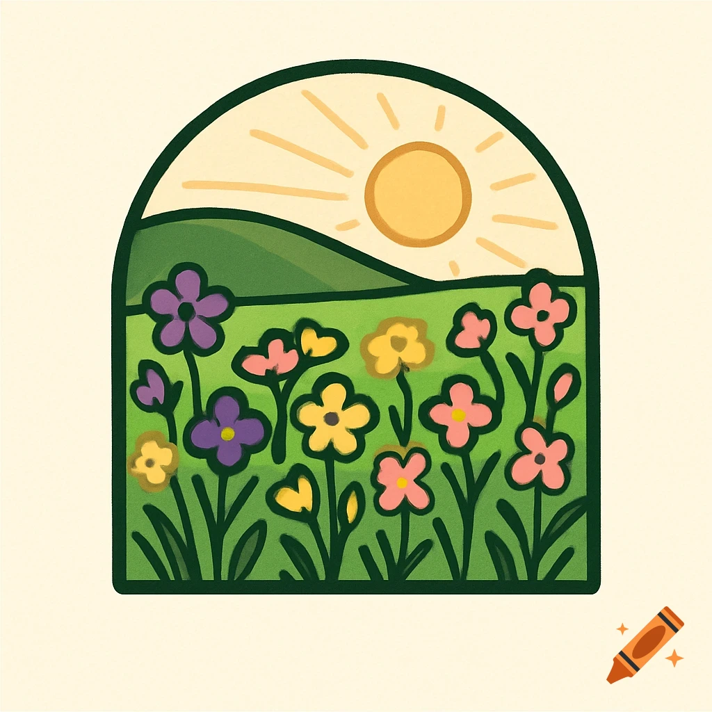 A colorful stylized illustration of a flower field with a hill and sun, set within a rounded arch.