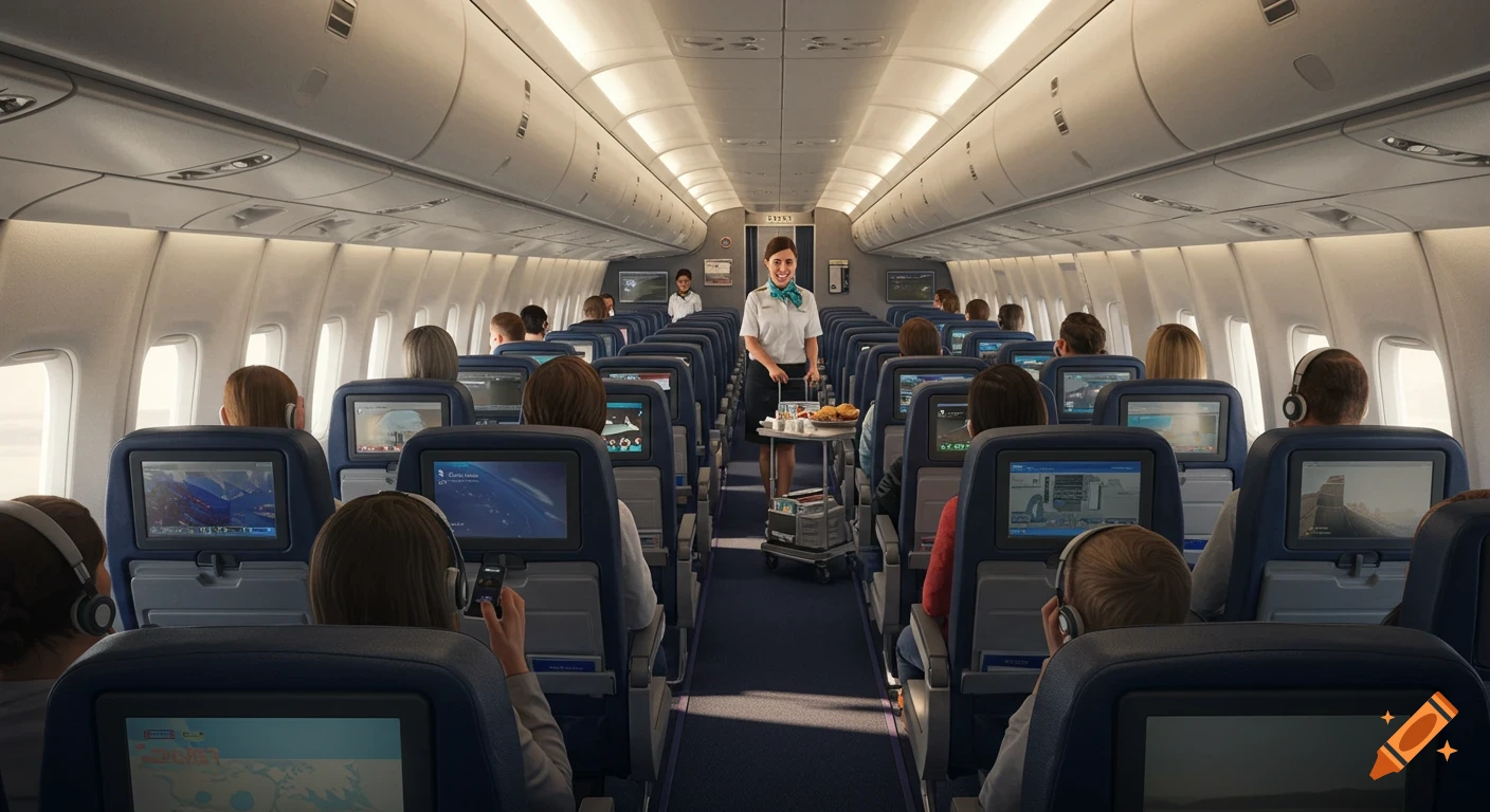Photorealistic wide shot of an airplane cabin with passengers seated and a flight attendant pushing a service cart down the aisle.