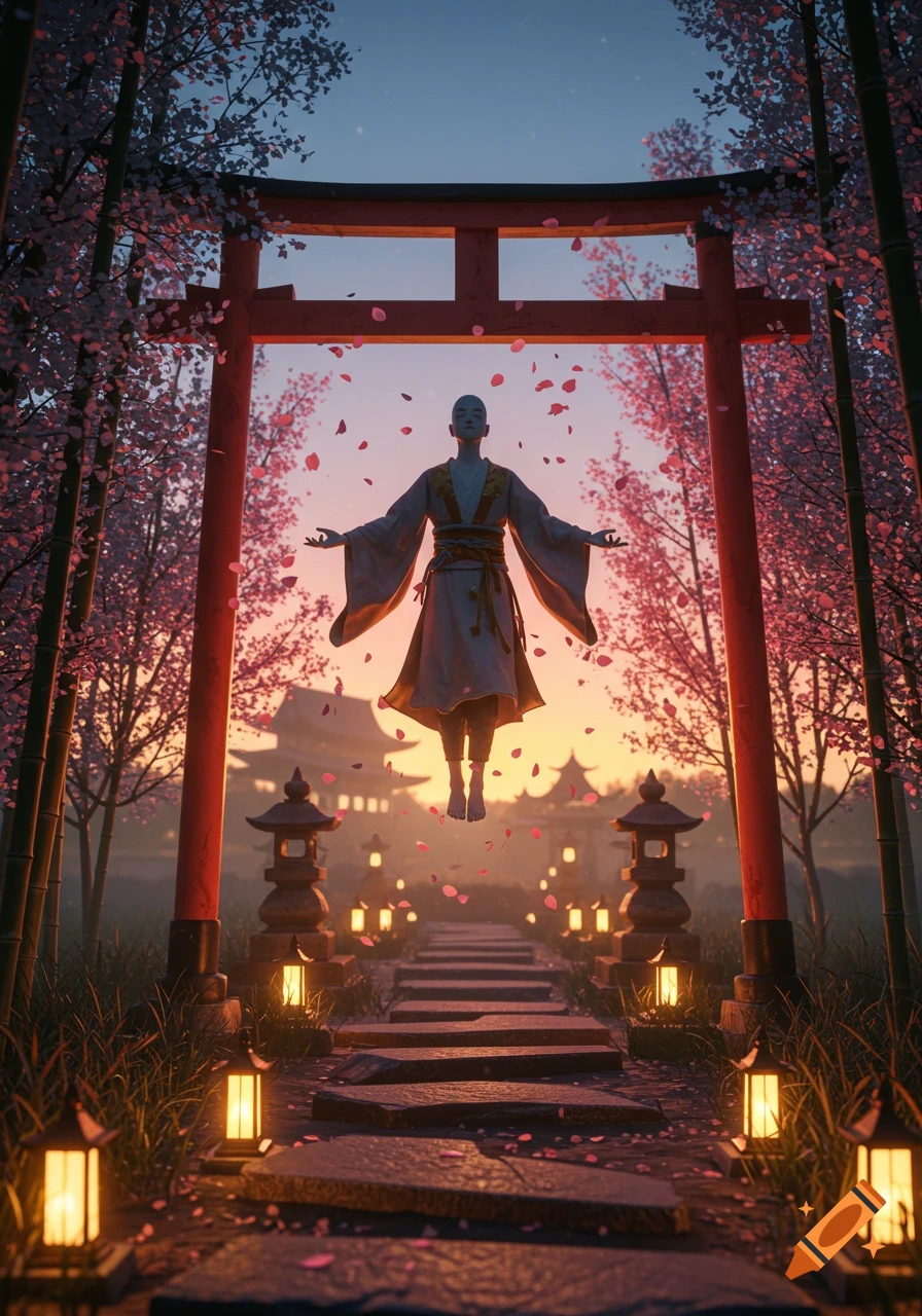 A bald figure in a white robe floats under a red torii gate amidst falling cherry blossoms and lanterns at sunset.