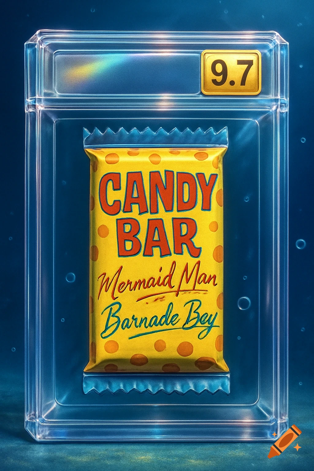 A yellow candy bar labeled 'CANDY BAR Mermaid Man Barnade Bey' inside a clear graded collector's case with a 9.7 score, against a blue background.