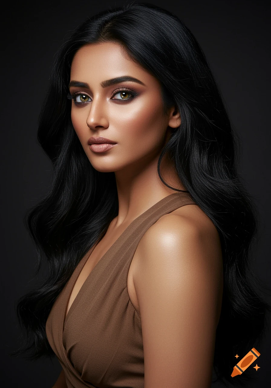 Photorealistic portrait of a woman with long black hair, cat-like hazel eyes, and glowing skin, wearing a brown v-neck top.