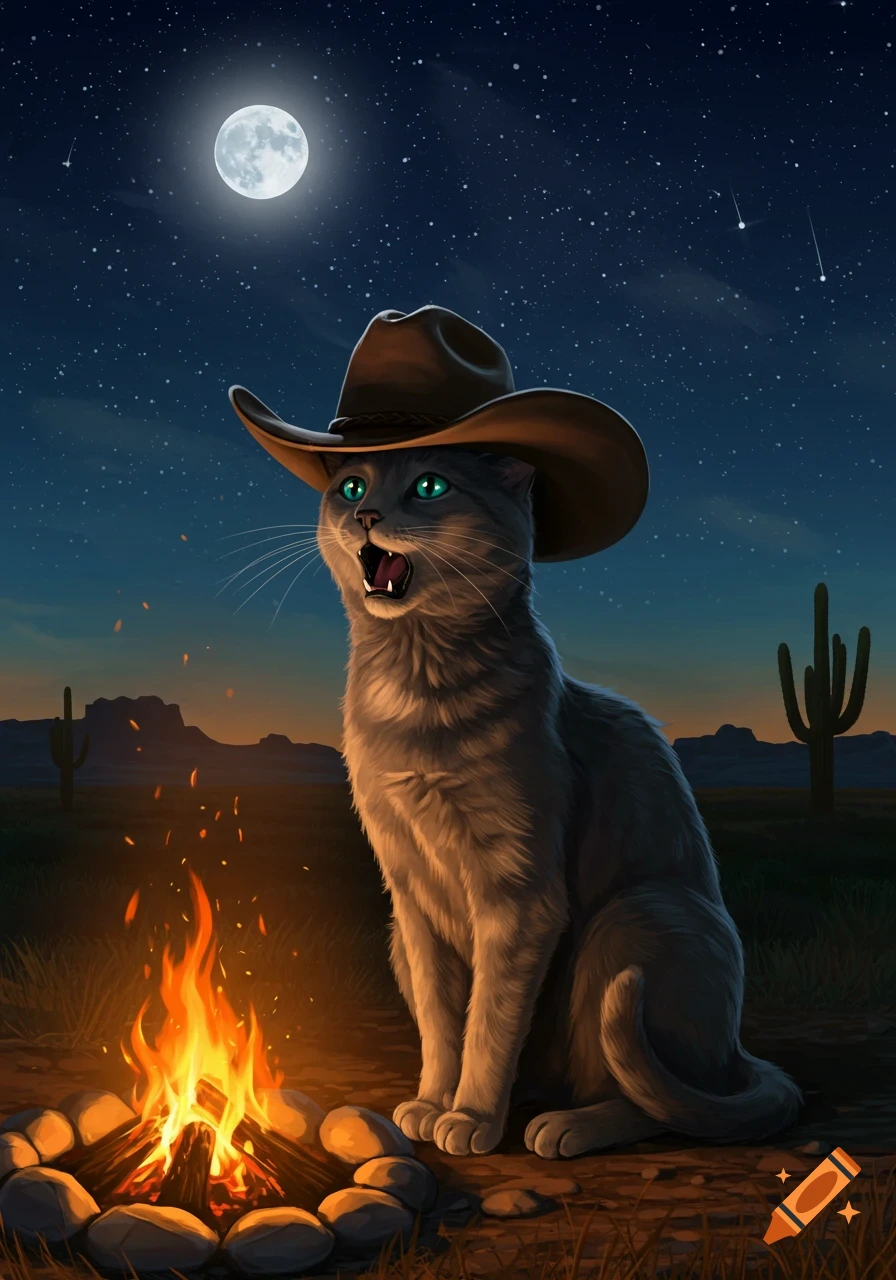 An alluring grey cat wearing a cowboy hat sits by a campfire under a full moon and starry desert sky.