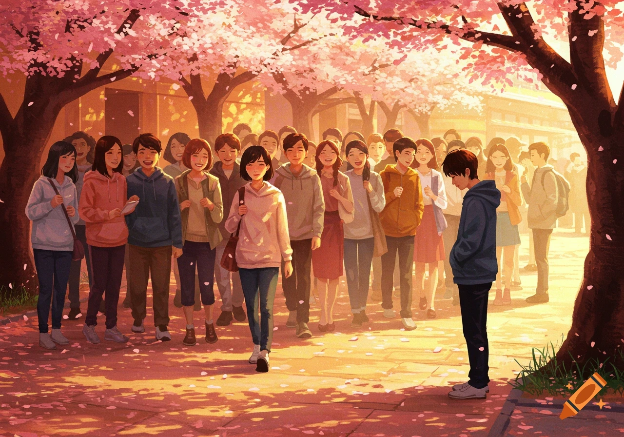 Anime illustration of a large group of students under pink cherry blossom trees, with one boy standing apart looking down.