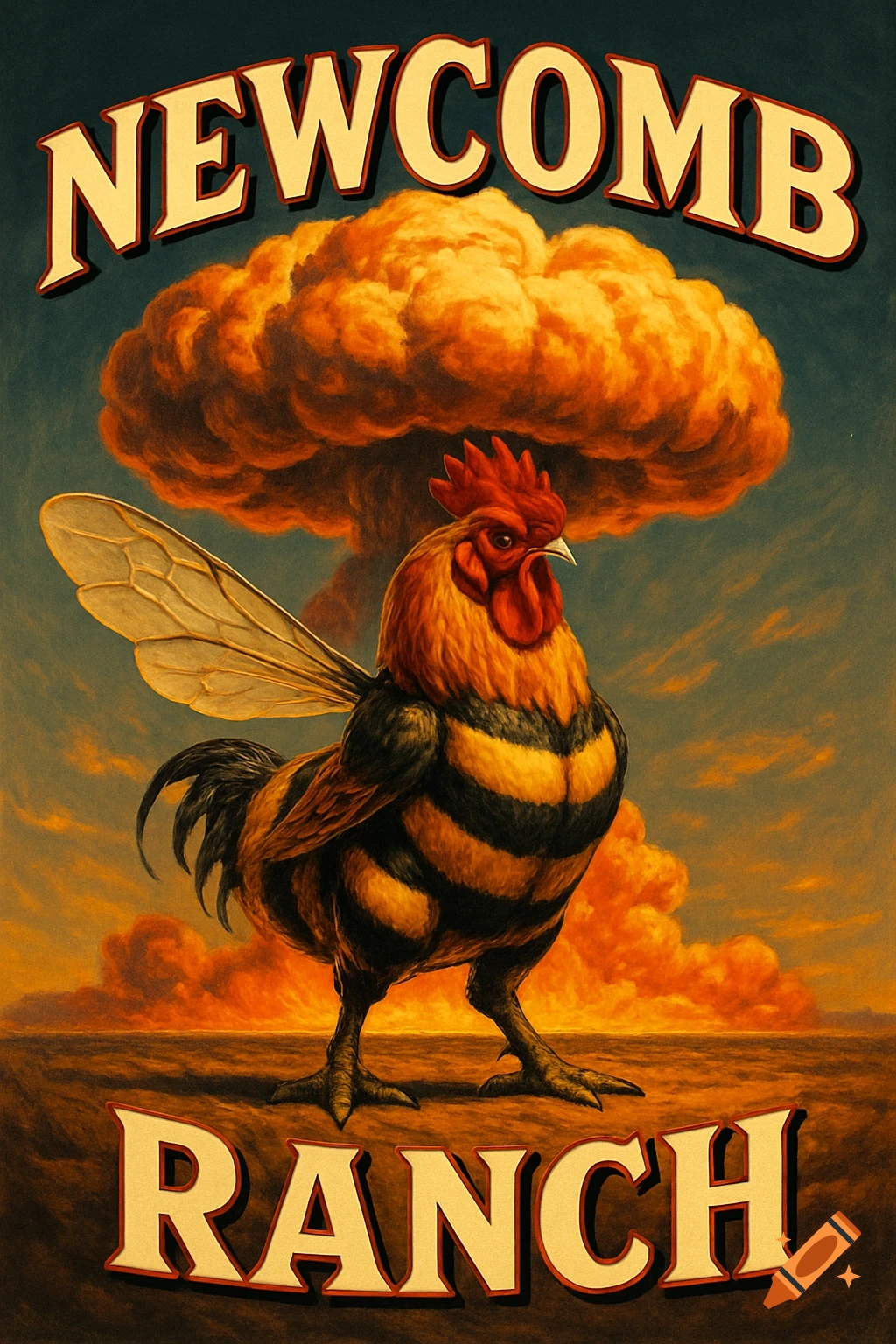 A rooster with yellow and black bee stripes and bee wings stands before an orange mushroom cloud. "NEWCOMB" is above, "RANCH" below, in a vintage poster style.