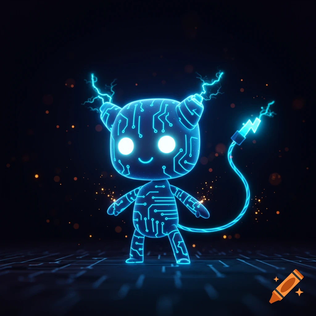 A glowing blue and cyan electric creature with circuit patterns and lightning bolts, against a dark futuristic background with orange sparks.