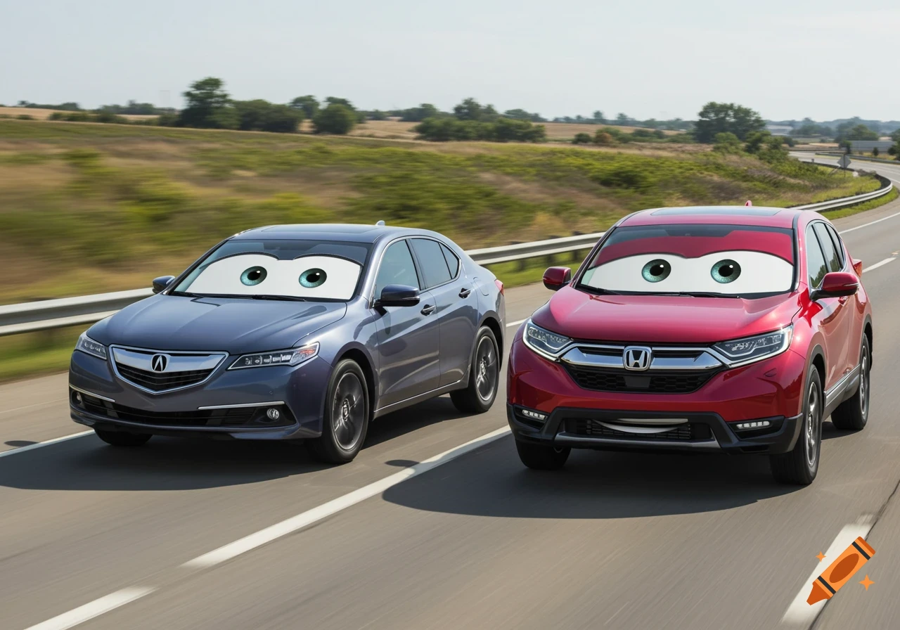 A bluish-grey Acura TLX and a red Honda CR-V, both with cartoon eyes and faces, drive side-by-side on a highway, in the style of Pixar Cars.