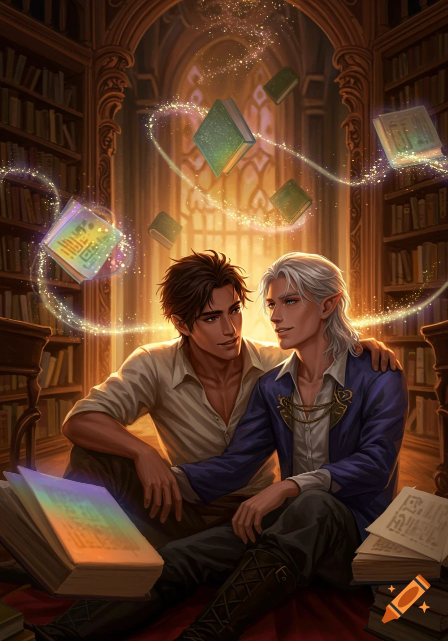 An illustration of a male couple affectionately embracing in a magical library with glowing, floating books.