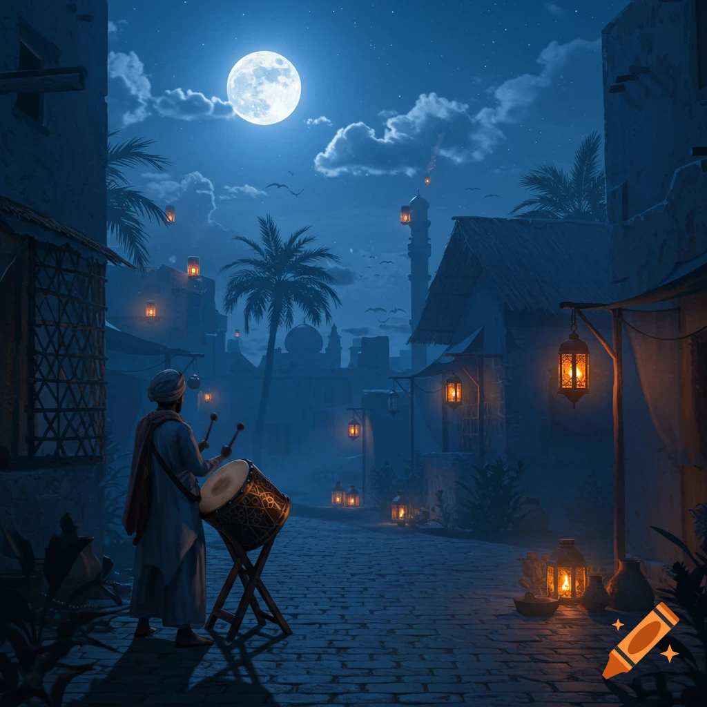 A man plays a large drum on a cobblestone street at night, illuminated by a full moon and numerous glowing lanterns hanging from buildings and poles.