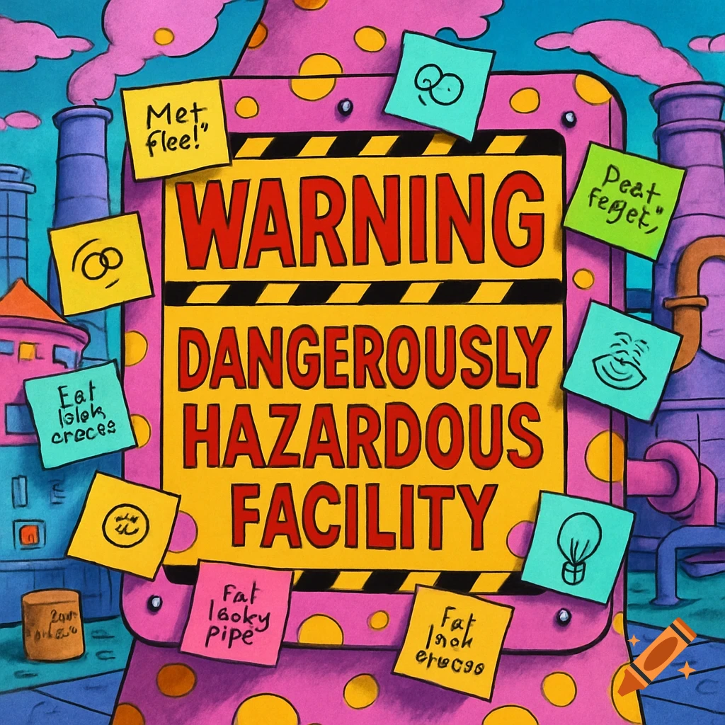 A colorful cartoon warning sign for a 'DANGEROUSLY HAZARDOUS FACILITY' in a factory setting, covered in sticky notes with various doodles and gibberish text.