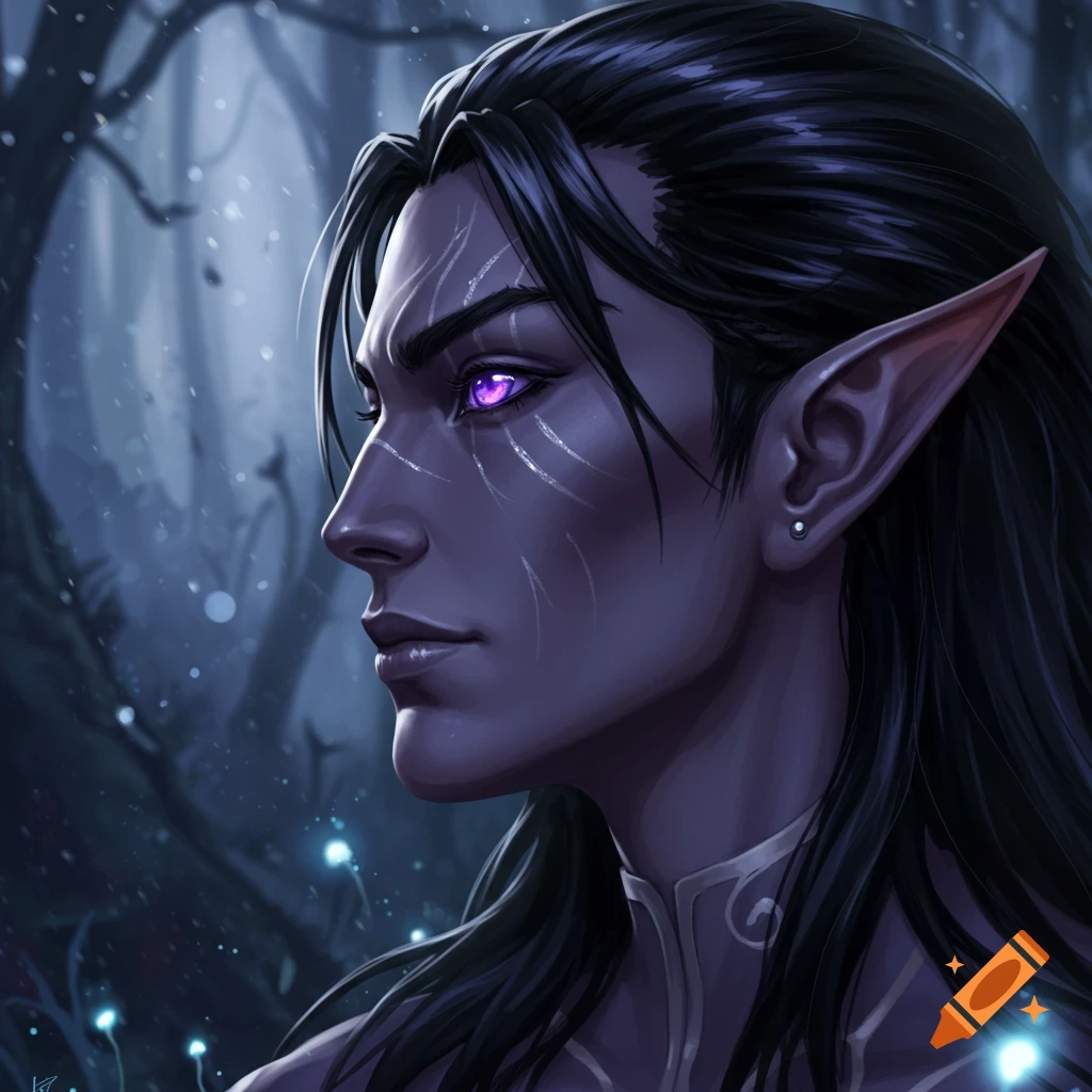 Close-up profile portrait of a dark elf with purple eyes and black hair, set in a mystical, glowing forest.